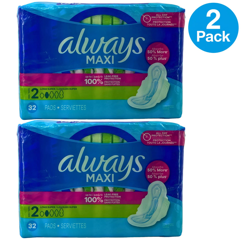 Always Maxi Pads Size 2 Long Super All Day Protection 32 Count 2 Pack Bundle