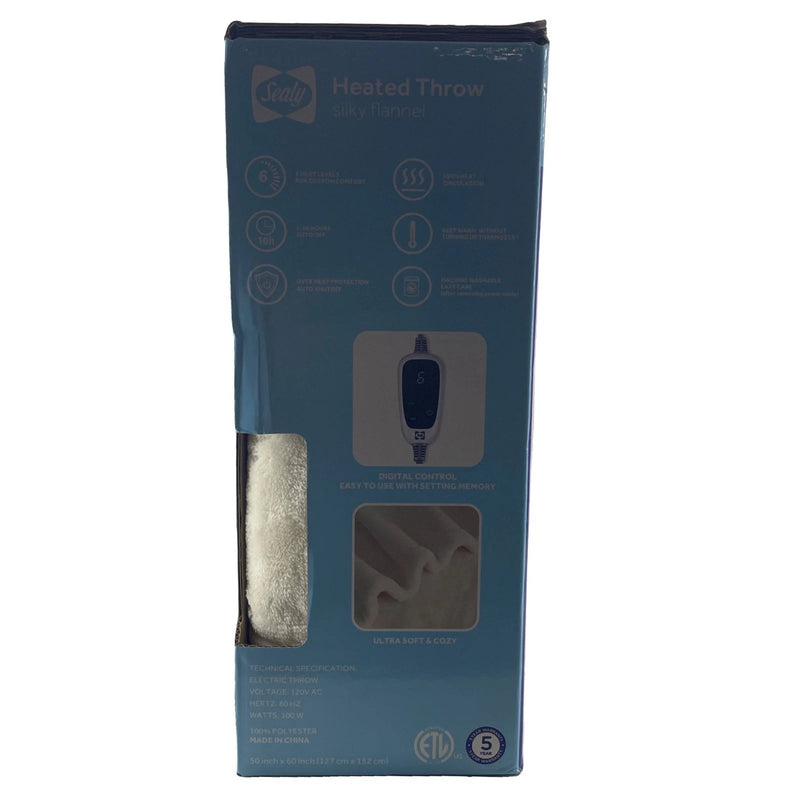 Sealy Heated Throw Silky Flannel 50x60 6 Heat Levels Cream New
