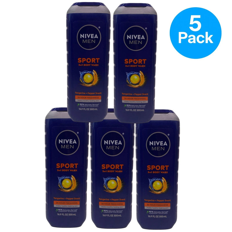 NIVEA Men Sport 3-in-1 Body Wash Tangerine Pepper 16.9 oz 5 Pack New