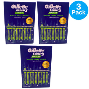 Gillette Sensor3 Sensitive Disposable Razors Winter Shave Bundle 9 Count 3 Pack