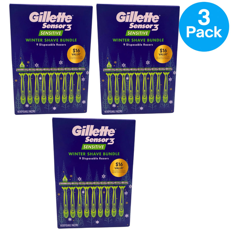 Gillette Sensor3 Sensitive Disposable Razors Winter Shave Bundle 9 Count 3 Pack