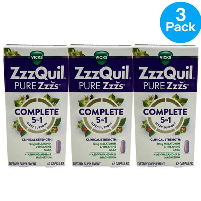 Vicks ZzzQuil PURE Zzzs 5-in-1 Sleep Support Melatonin 42 Cap 3 Pack Exp 12/26