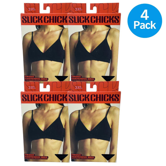 Slick Chicks Front Fastening Wireless Bra Velcro Brand Fasteners Black 2XL 4 Pac