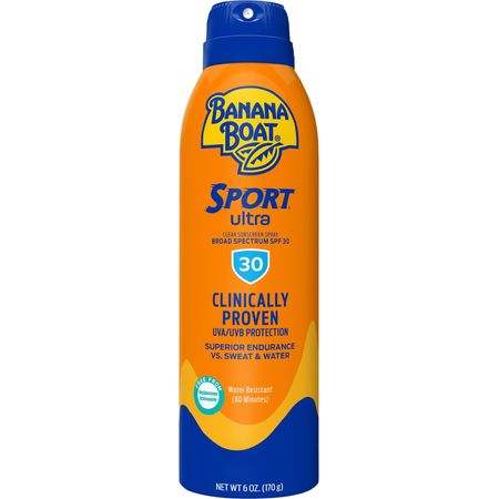 Banana Boat Sport Ultra SPF 30 sunscreen spray bottle, 6 ounce clear spray sunblock for adult sun protection