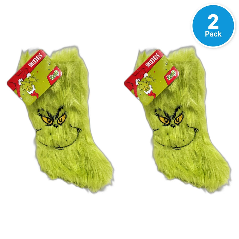 The Grinch Furry Fuzzy Christmas Stocking Green Holiday Decor 9.5 Pack of 2 New