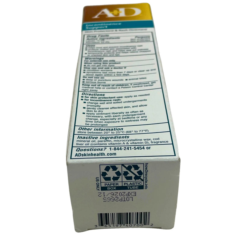 A+D Incontinence Support Ointment Skin Protectant Rash Ointment 3.5 oz Exp 12/26