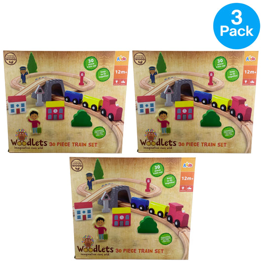 Woodlets 30 Piece Wooden Train Set Sustainable Wood 12m+ 3 Pack New