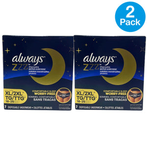 Always ZZZ Disposable Period Underwear XL/2XL 18-26 7 Count 2 Pack New