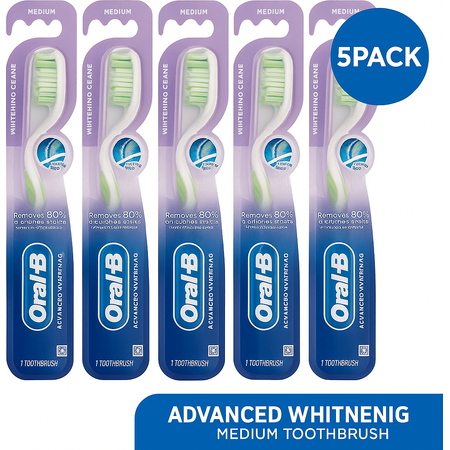 Oral-B Advanced Whitening Medium Toothbrush 5 Pack - White brushes with blue accents for professional teeth cleaning