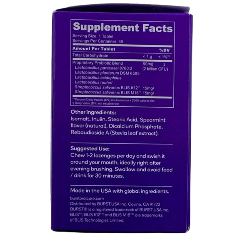 BURST Oral Probiotics Mint Chewable Lozenges Fresh Breath 45ct 3 Pack New