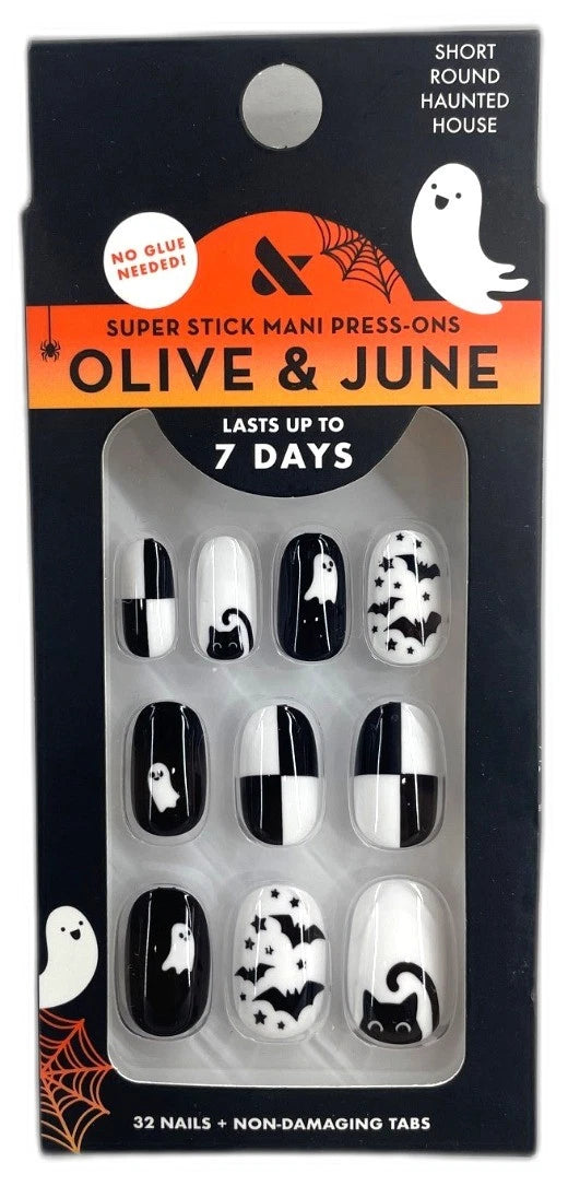 Olive & June Super Stick Press Nails SHORT Round Haunted House Pack of 4 New