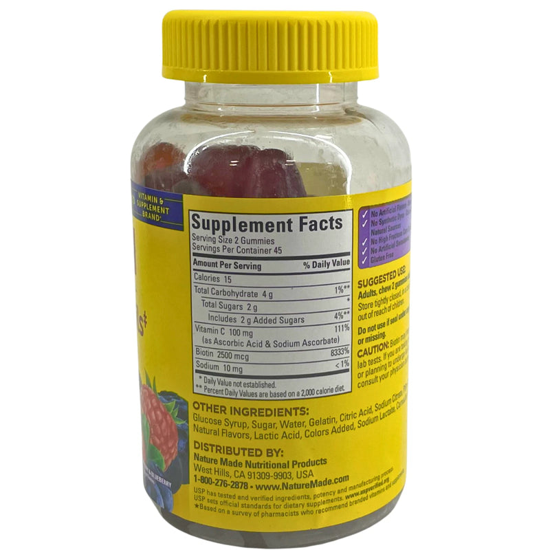 Nature Made Hair Skin and Nails Gummies Biotin 2500mcg Mixed Berry 90 Gum 3 Pack