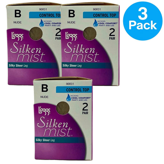 L'eggs Silken Mist Control Top Silky Sheer Tights Nude Size B 3 Pack