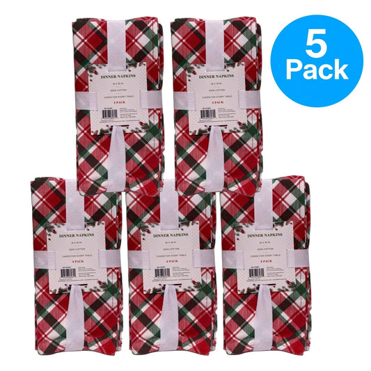 Christmas Plaid Cotton Dinner Napkins 18x18 in 5 Pack New