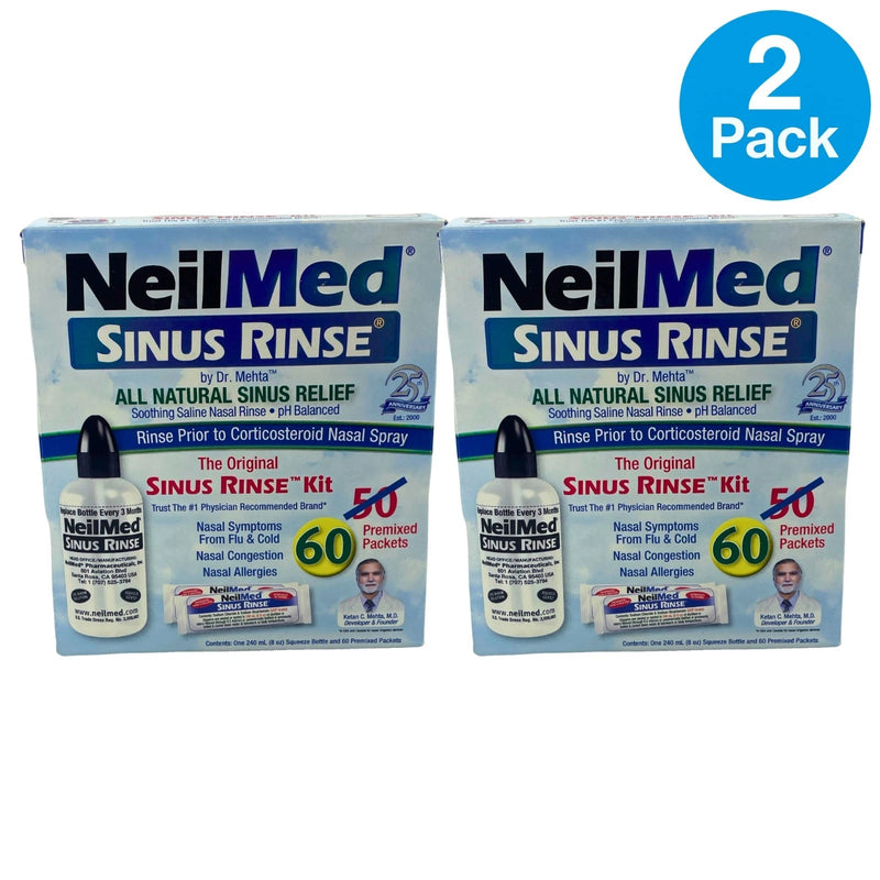 NeilMed Sinus Rinse Kit Bottle 60 Premixed Packets All Natural 2 Pack Exp 07/29