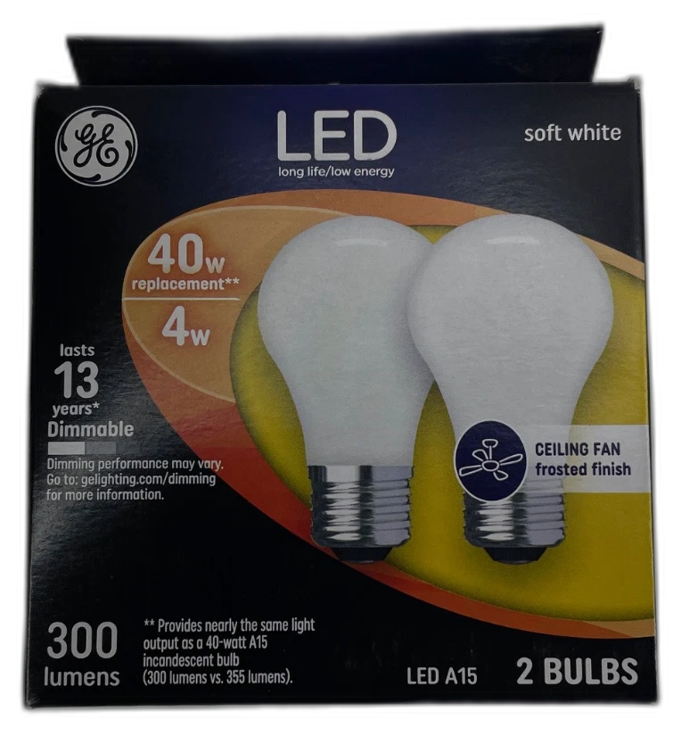 GE LED Soft White Ceiling Fan Bulbs A15 40W 4W 2 -4 Total Pack of 2 New