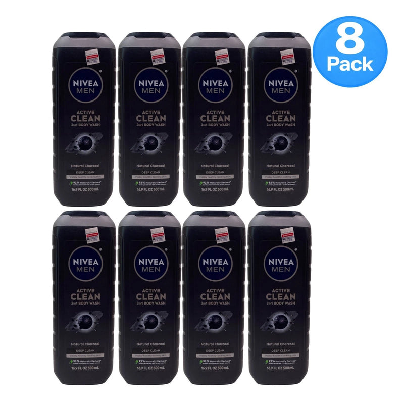NIVEA Men Active Clean 3-in-1 Body Wash Charcoal 16.9 oz 8 Pack New