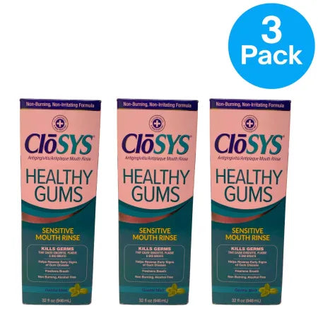CloSYS Healthy Gums Sensitive Mouth Rinse Gentle Mint 32 Fl Oz 3-Pack box package