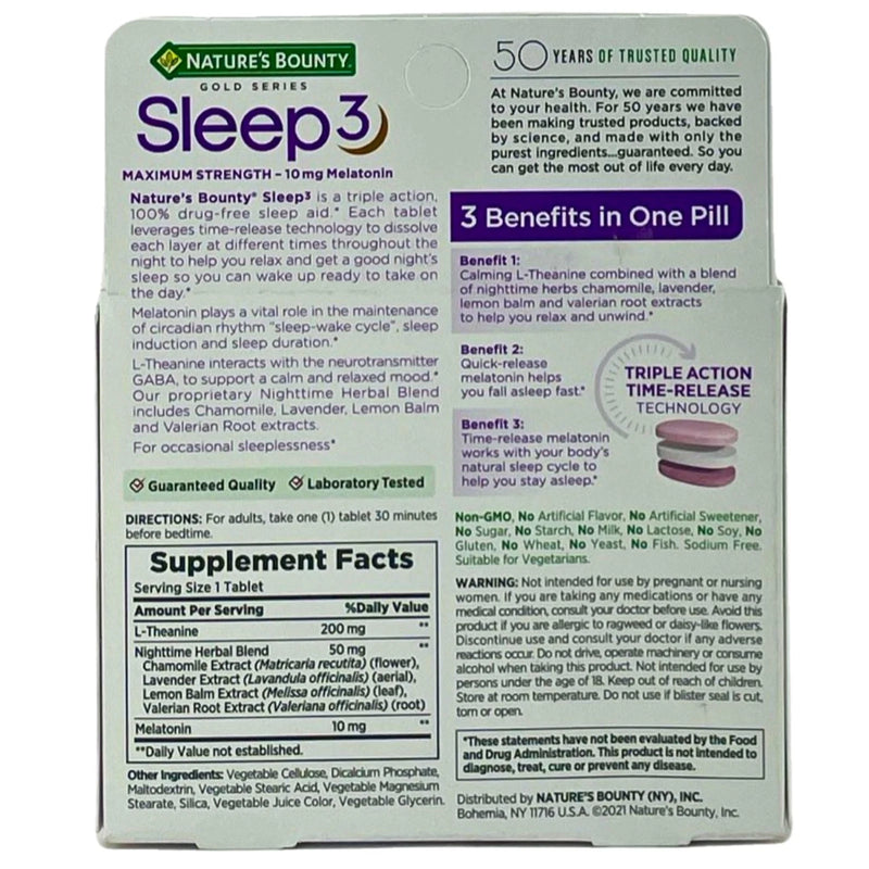 Nature’s Bounty Sleep3 10mg Melatonin 30 Tablets 2 Pack New Exp 11/2026