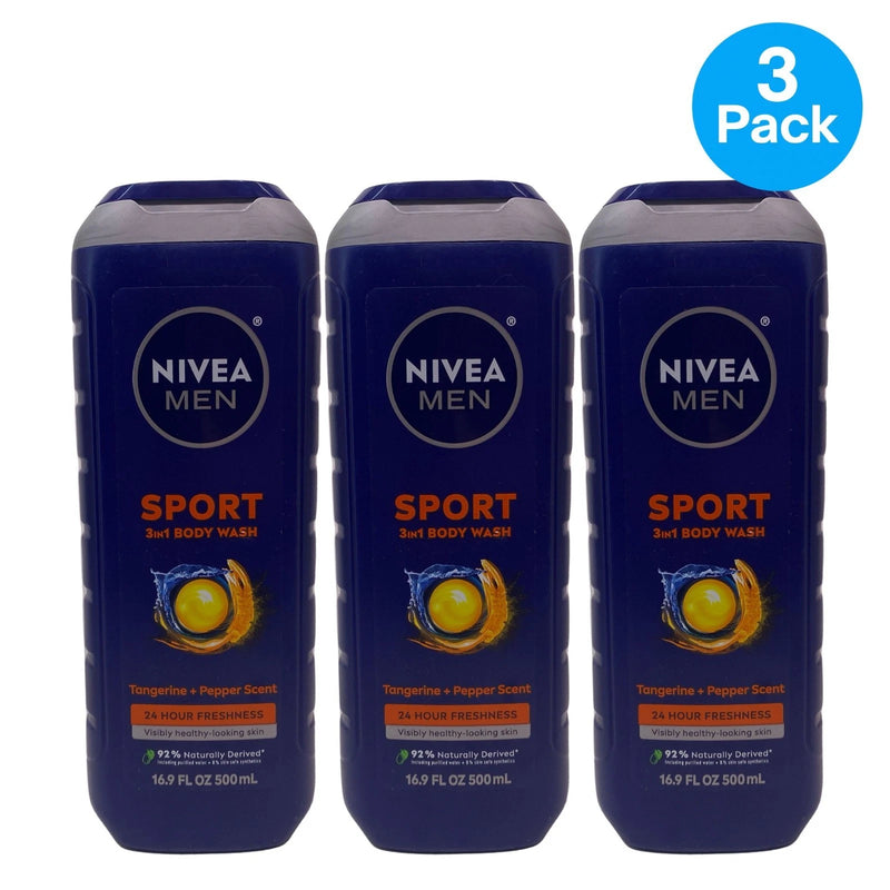 NIVEA Men Sport 3-in-1 Body Wash Tangerine Pepper 16.9 oz 3 Pack New