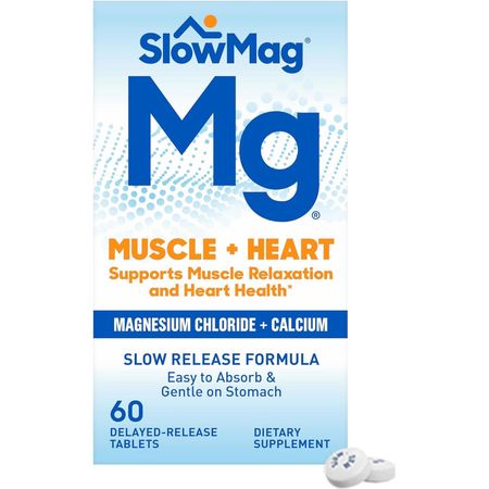 SlowMag Muscle + Heart Magnesium Chloride with Calcium Supplement to Support Muscle Relaxation, Occasional Muscle Cramping & Heart Health, High Absorption, 60 Count
