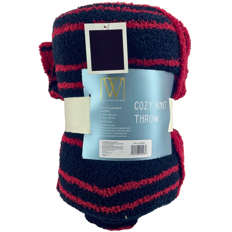 Wayland Square Cozy Knit Throw Blanket Red Navy Stripe Plush Luxury 50 in x 60 i