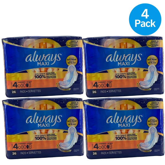Always Maxi Overnight Pads Size 4 Unscented Leak-Free Protection 26 CT 4 Pack