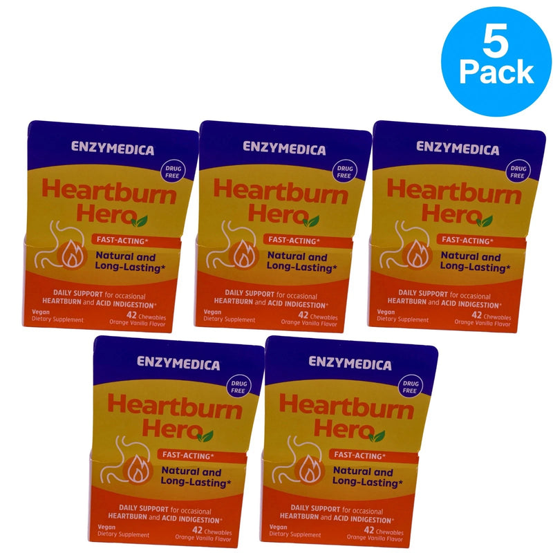 Enzymedica Heartburn Hero Fast-Acting Orange Vanilla 42 Chewables 5 Pack New