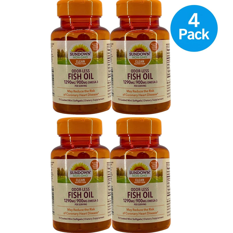 Sundown Non-GMO Odor-Less Fish Oil 1290mg Omega-3 900mg 72 Softgels 4 Pack New