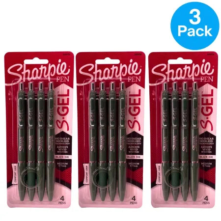 Sharpie S-Gel Black Ink Gel Pens 0.7mm Medium Point 4 Count 3 Pack New