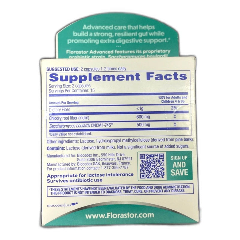 Florastor Advanced Prebiotic Fiber 30 Capsules Exp 05/28 Pack of 2 New
