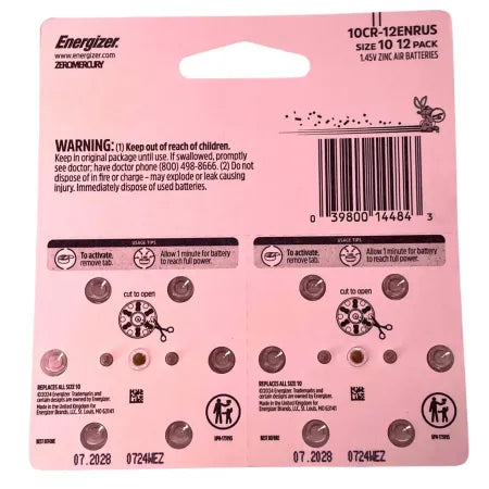 Energizer Size 10 Hearing Aid Batteries 108 Count (9 Packs) Exp 07/2028