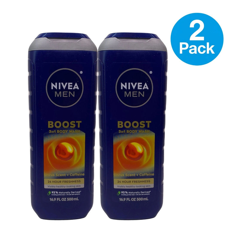 NIVEA Men Boost 3-in-1 Body Wash Citrus Caffeine 16.9 fl oz 2 Pack New