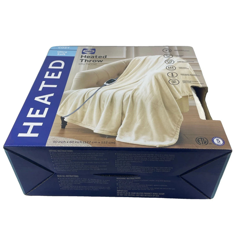 Sealy Heated Throw Silky Flannel 50x60 6 Heat Levels Cream New