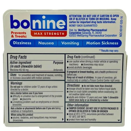 Bonine Max Strength 50mg 16 Chewable Tablets Peppermint – Exp 08/2026