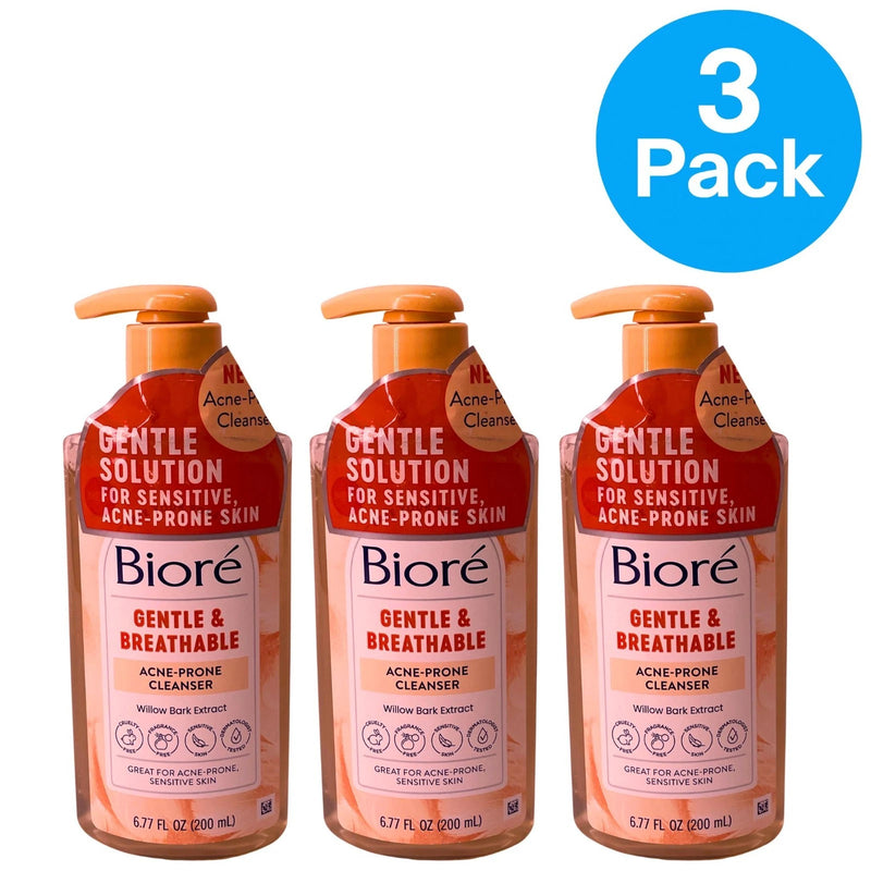 Bioré Gentle & Breathable Acne-Prone Cleanser with Willow Bark - 3 Pack Set