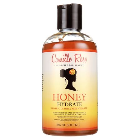 Camille Rose Honey Hydrate & Soften Leave-In Conditioner bottle with honey and olive oil ingredients