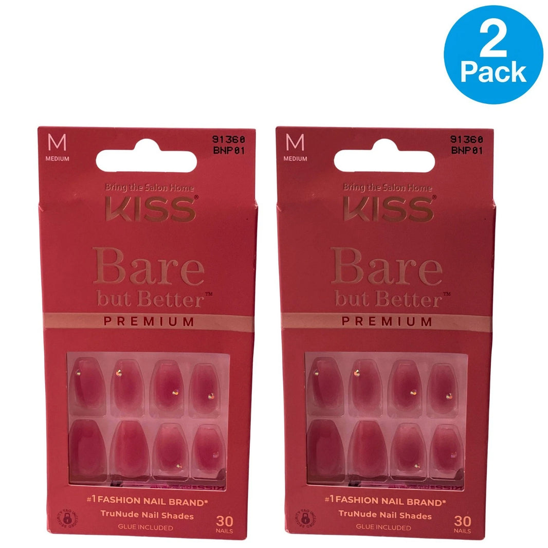 KISS Bare but Better Premium Nails BNP01 Medium Nude Pink Rhinestones 2 Pack