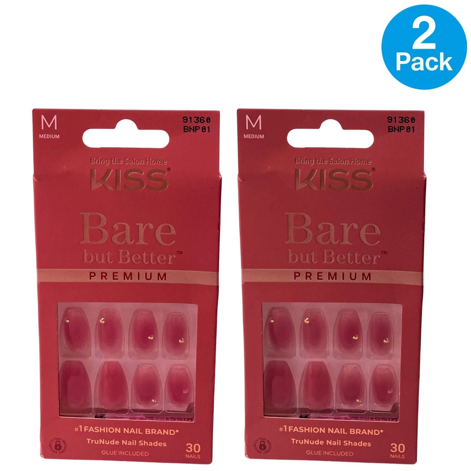 KISS Bare but Better Premium Nails BNP01 Medium Nude Pink Rhinestones 2 Pack