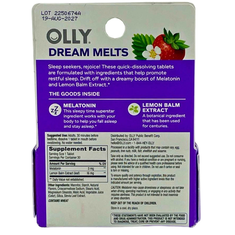 OLLY Sleep Fast Dissolve Tablets Strawberry Melatonin Lemon Balm 1 Pack New