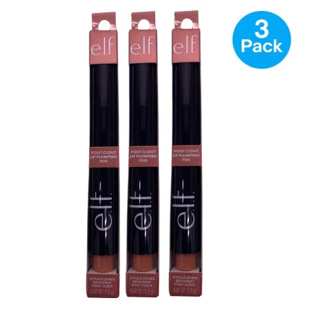 e.l.f. Pout Clout Lip Plumping Pen 3 pack product display showing applicator and results