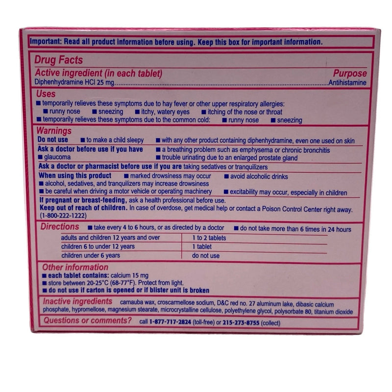 Benadryl Allergy Diphenhydramine 25 mg 24 Tablets 2 Pack New