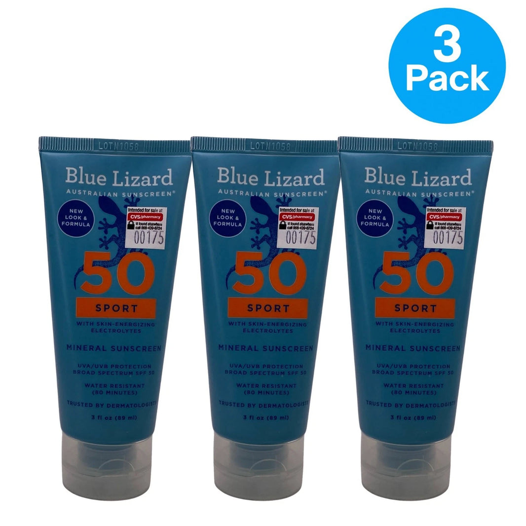 Blue Lizard SPF50 Sport Mineral Sunscreen 3oz UVA/UVB Water Resistant 3 Pack New