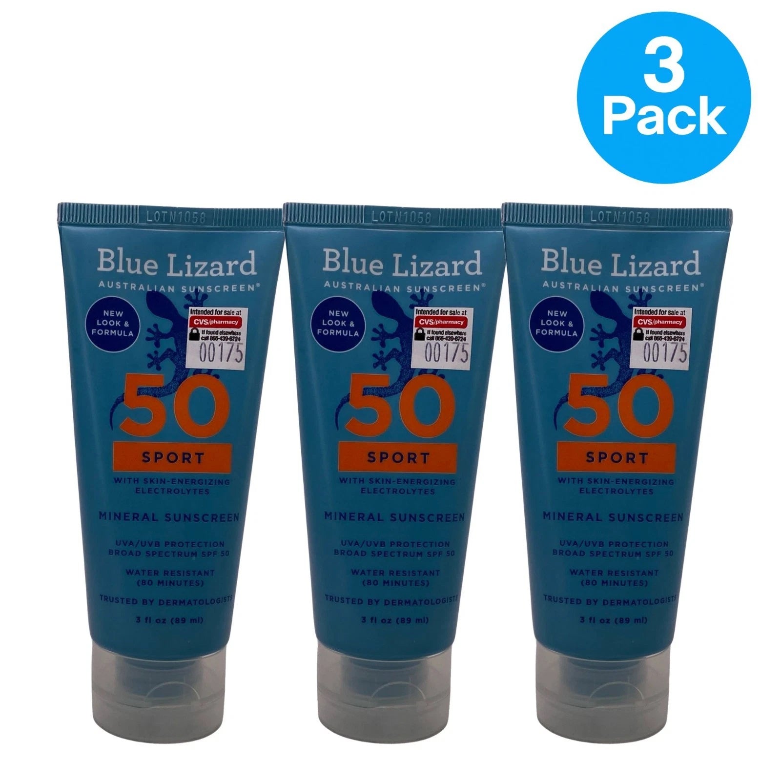 Blue Lizard SPF50 Sport Mineral Sunscreen 3oz UVA/UVB Water Resistant 3 Pack New 1