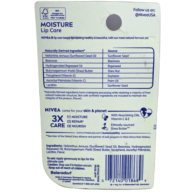 NIVEA Moisture Lip Care Dual Pack 0.17 oz Sticks 6 Pack New