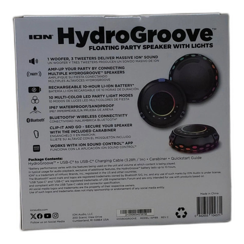 ION Audio HydroGroove Floating Bluetooth Party Speaker LED Lights IP67 New