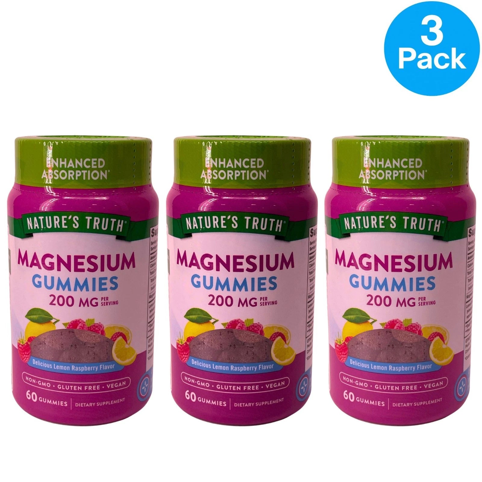 Nature's Truth Magnesium Gummies 200mg Lemon Raspberry 60ct 3 Pack Bundle