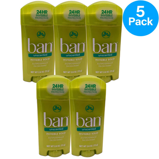 Ban Unscented Invisible Solid Antiperspirant Deodorant 2.6 oz 5 Pack Exp 11/26