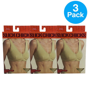 Slick Chicks Front Zip Wireless Bra Adjustable Straps Beige 2XL 3 Pack New
