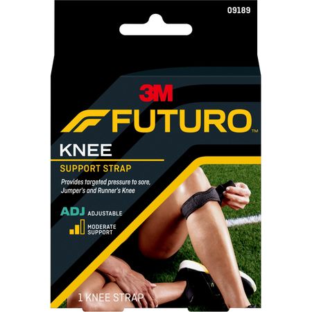 FUTURO Adjustable Knee Strap with black neoprene material and velcro closure for customizable compression support